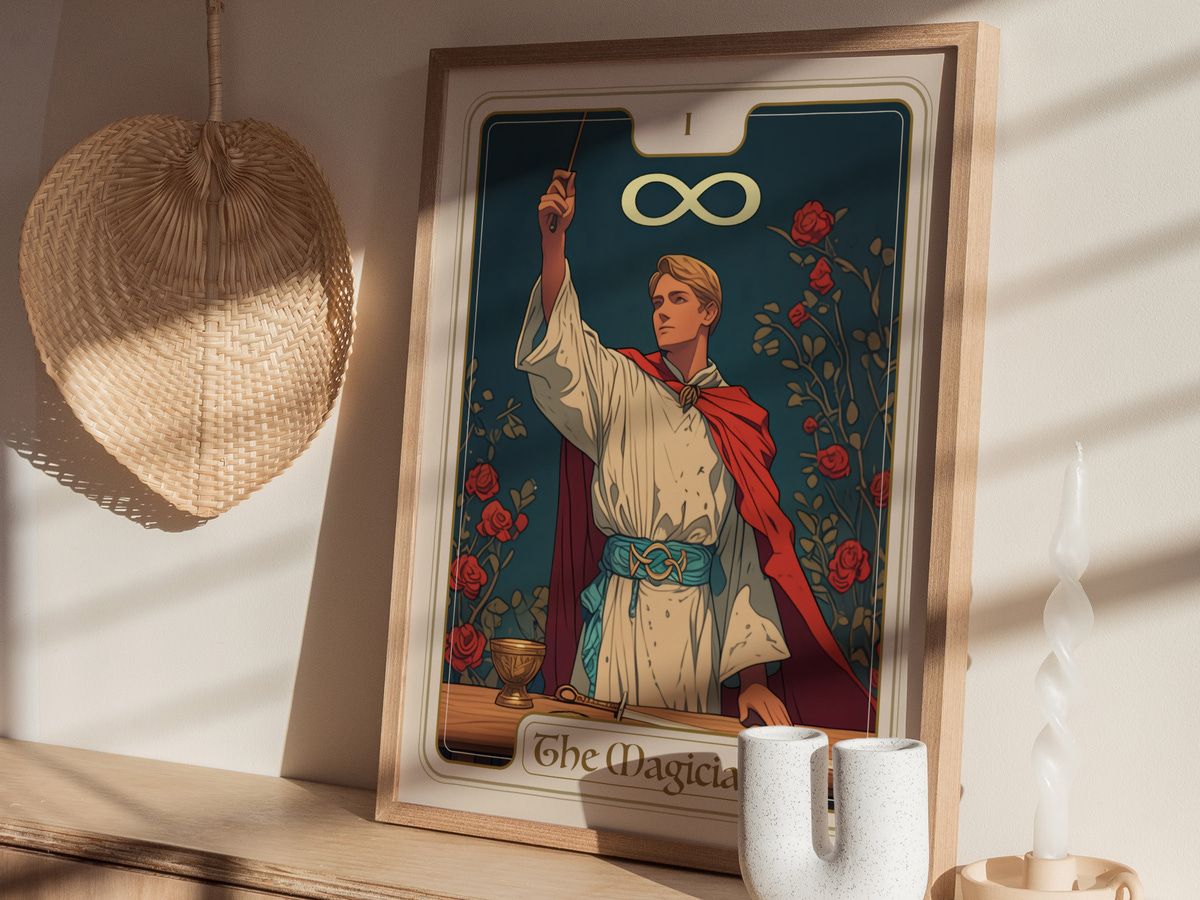 A beautifully framed illustration titled The Magician features a young man in a white robe with a red cape, holding a wand aloft. The background includes roses and an infinity symbol, creating a mystical and enchanting atmosphere.