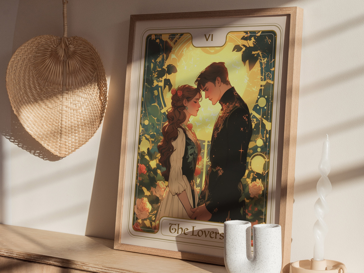 A beautifully framed art print titled The Lovers, featuring an illustration of a couple standing close together, surrounded by roses and greenery. The warm sunlight casts gentle shadows, enhancing the romantic atmosphere of the scene.
