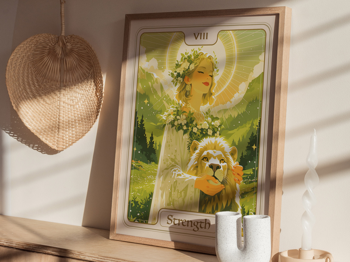 A beautifully illustrated art print featuring a serene woman with flowing hair, adorned with flowers, holding a lion in a lush green landscape. Sunlight filters through, creating a warm atmosphere that emphasizes the theme of strength.