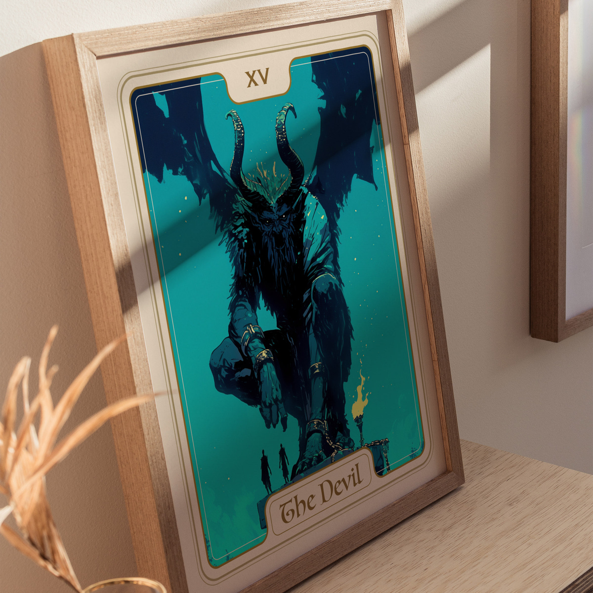 A framed illustration titled The Devil features a towering, horned figure with dark wings, sitting in a commanding pose.