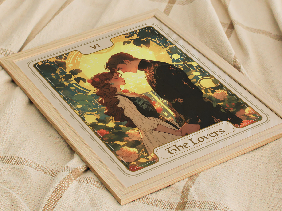 A beautifully framed illustration titled The Lovers features a romantic scene between a couple, with vibrant colors and floral motifs surrounding them.