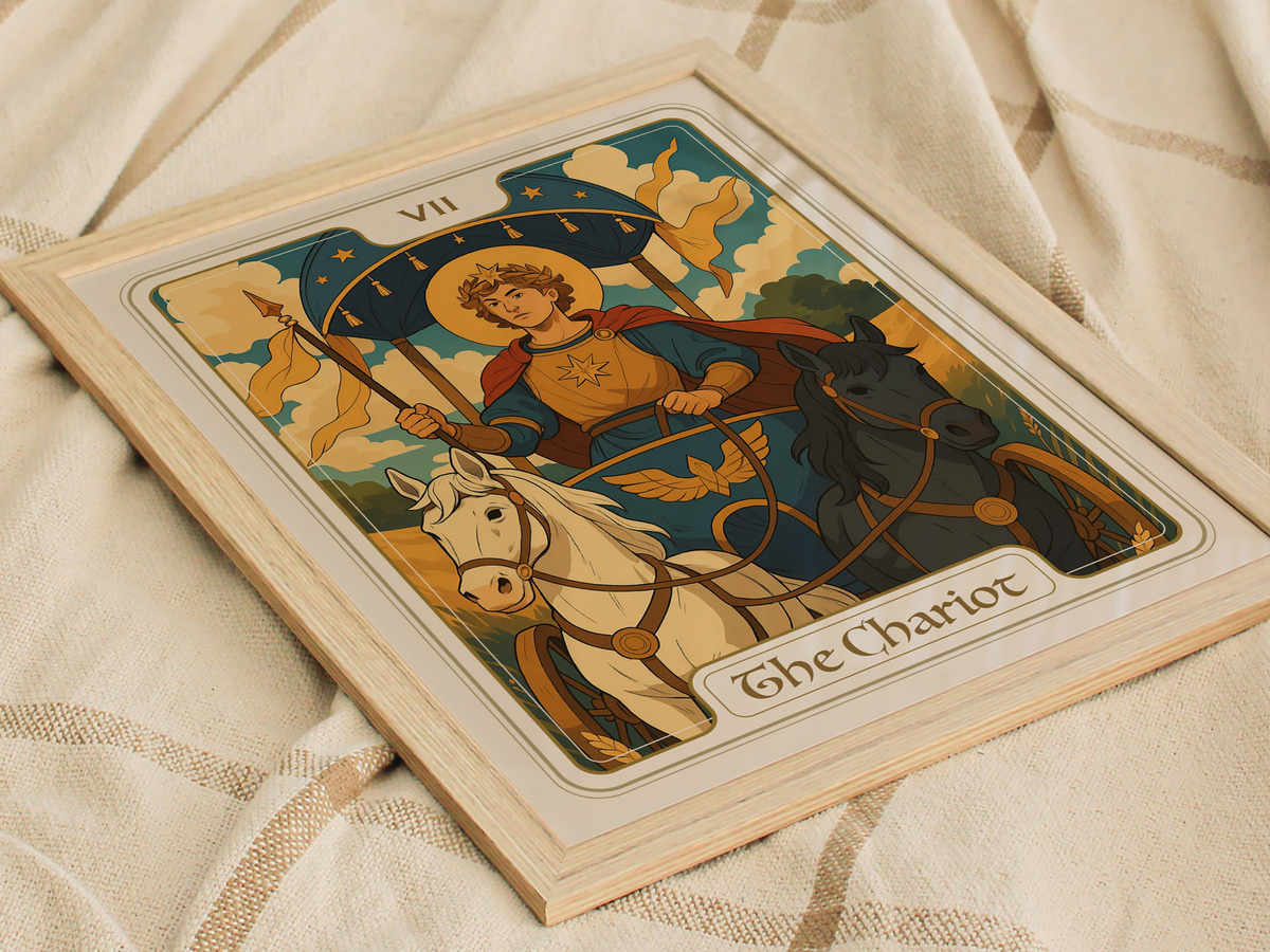 A framed illustration of The Chariot, featuring a regal figure with a crown, holding a staff, and riding in a chariot pulled by a white and black horse.