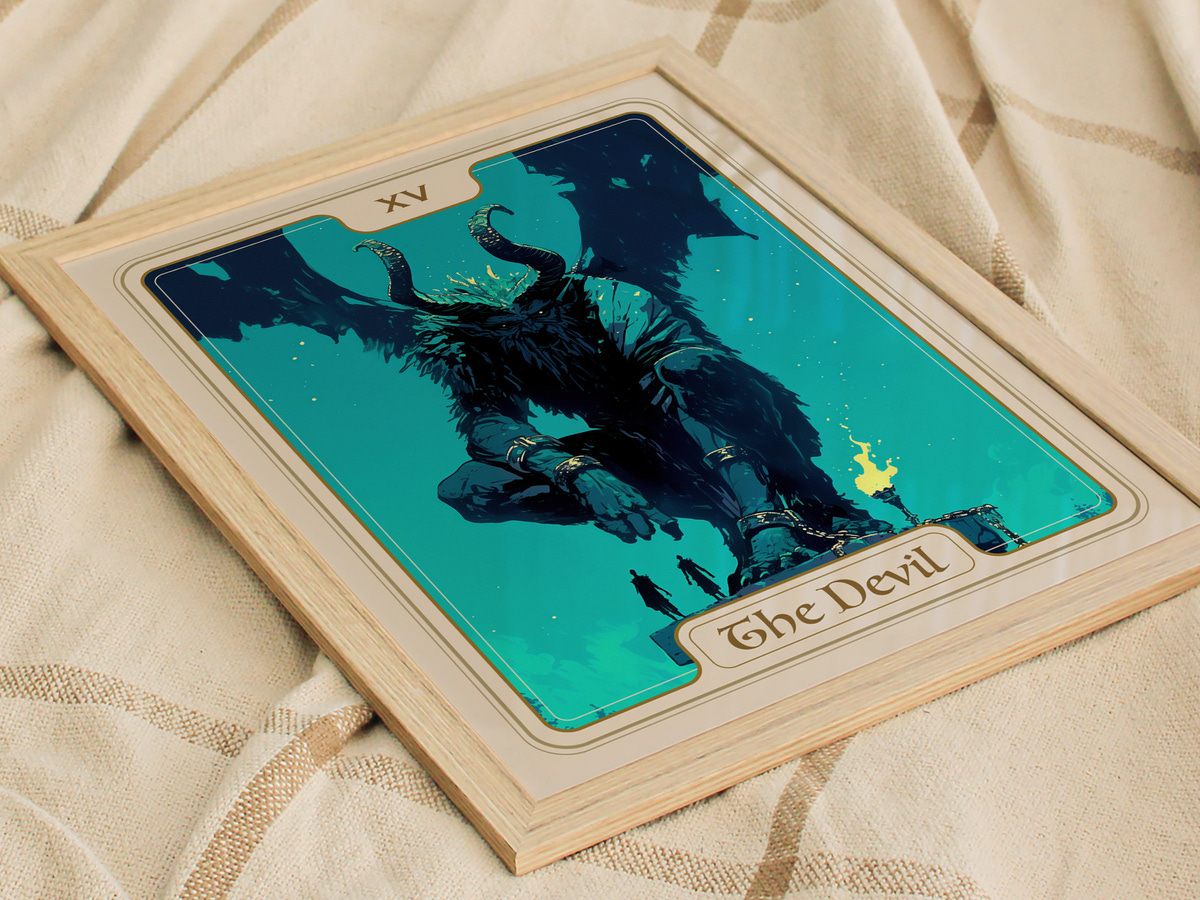 A framed artwork features a stylized depiction of a horned figure resembling a devil, seated and towering over a small silhouette in front.