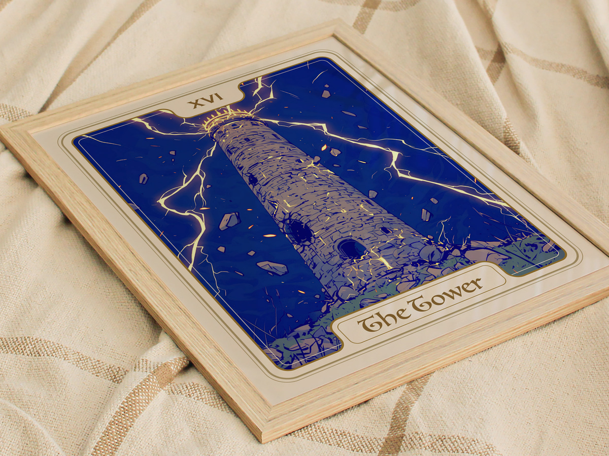 A beautifully illustrated tarot card featuring The Tower, depicted as a tall, stone tower struck by lightning, surrounded by falling debris.
