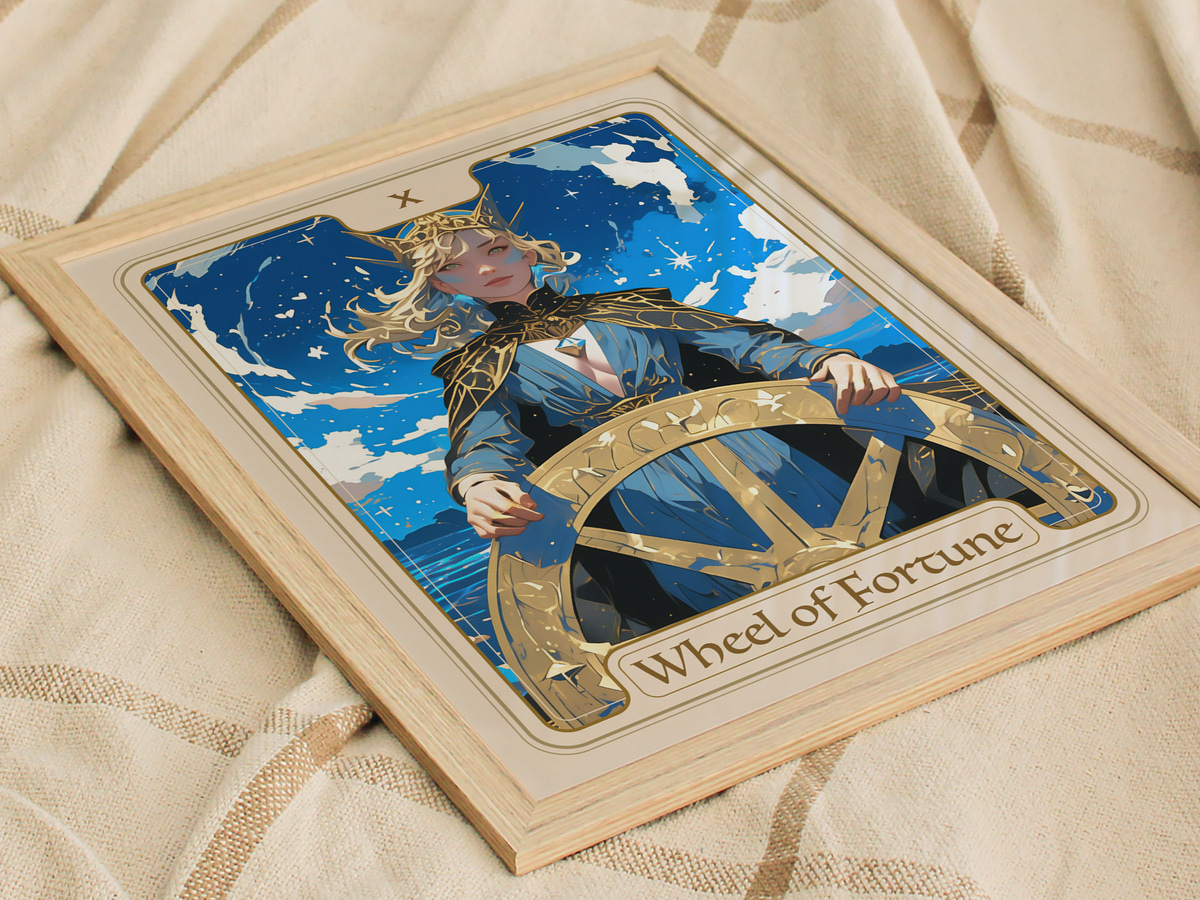 A beautifully illustrated artwork featuring a figure steering a ships wheel against a backdrop of a blue sky with clouds. The text Wheel of Fortune is prominently displayed at the bottom, adding context to the striking image.