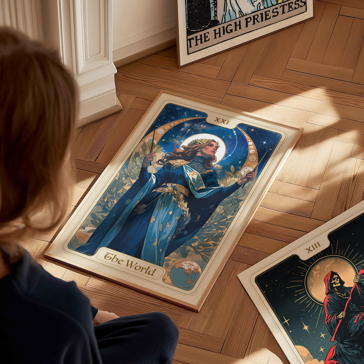 A child sits on a wooden floor, gazing at a colorful tarot card titled The World, which features a woman adorned in blue robes surrounded by stars and nature. Nearby, other tarot cards are visible, adding to the mystical atmosphere.