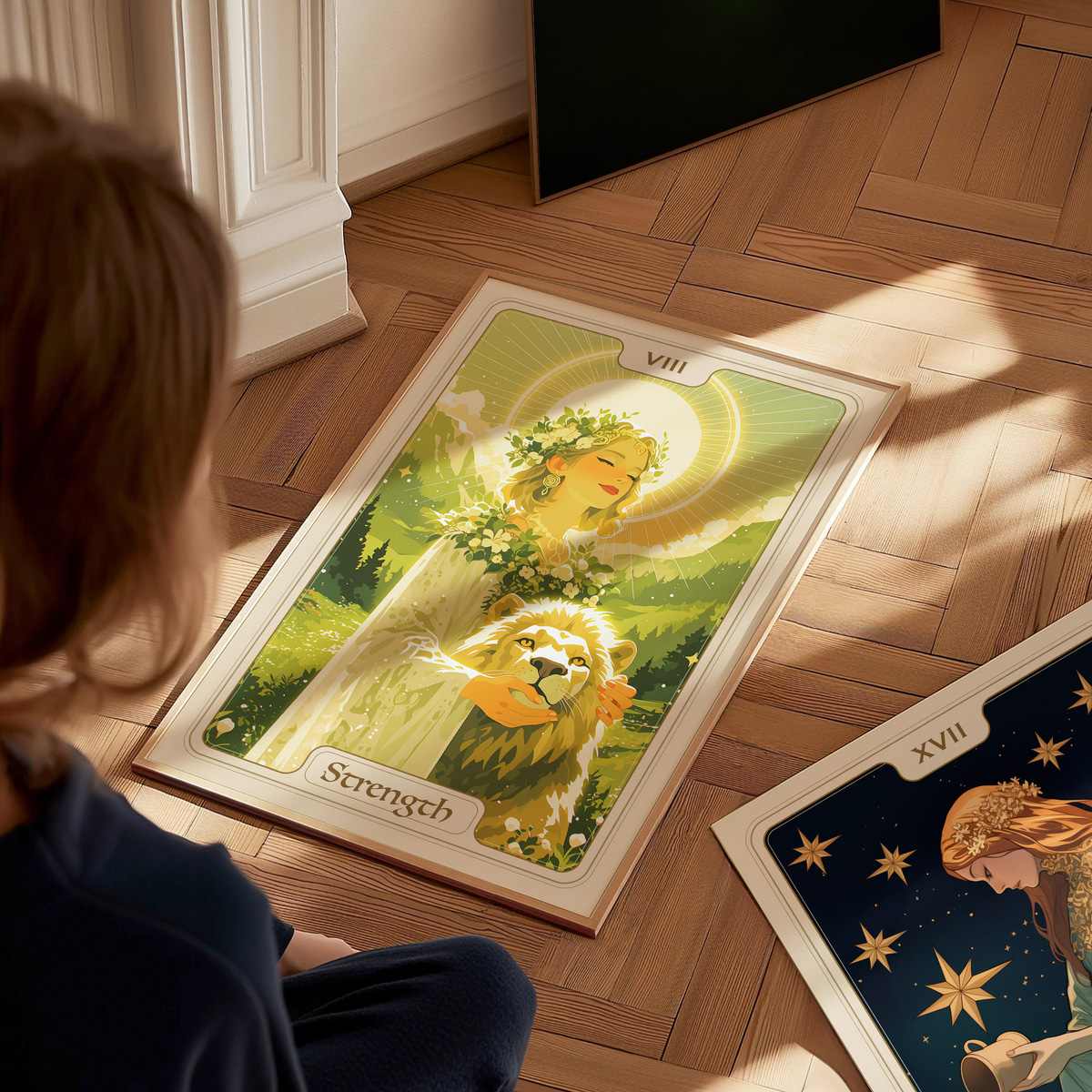 A child sits on a wooden floor, gazing at a colorful tarot card depicting an angel adorned with flowers, standing beside a lion. The warm light and intricate details create a serene, magical atmosphere in the room.