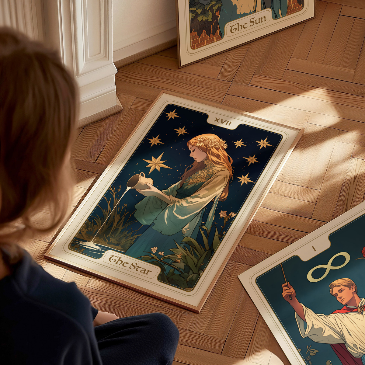 A young child sits on a wooden floor, gazing at a colorful tarot card titled The Star. The card features a serene figure holding a vessel, surrounded by vibrant stars against a deep blue night sky, with two additional tarot cards.