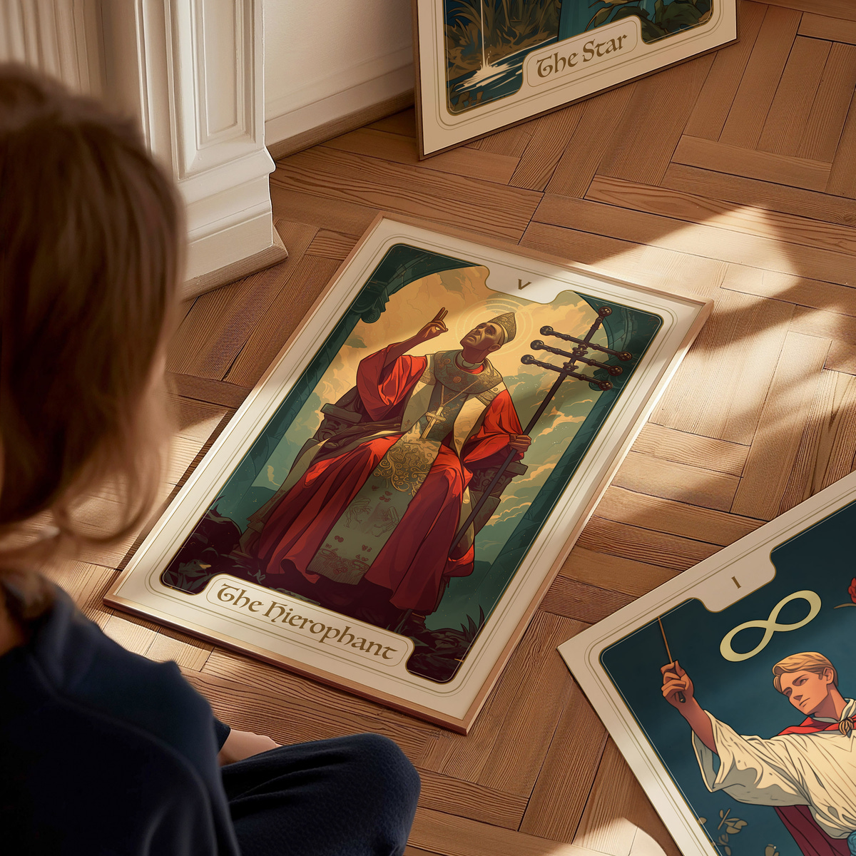A child sits on a wooden floor, gazing at a large tarot card featuring The Hierophant. The card depicts a figure in red robes, holding a staff, surrounded by greenery, while two other tarot cards, The Star and an infinity symbol, are.