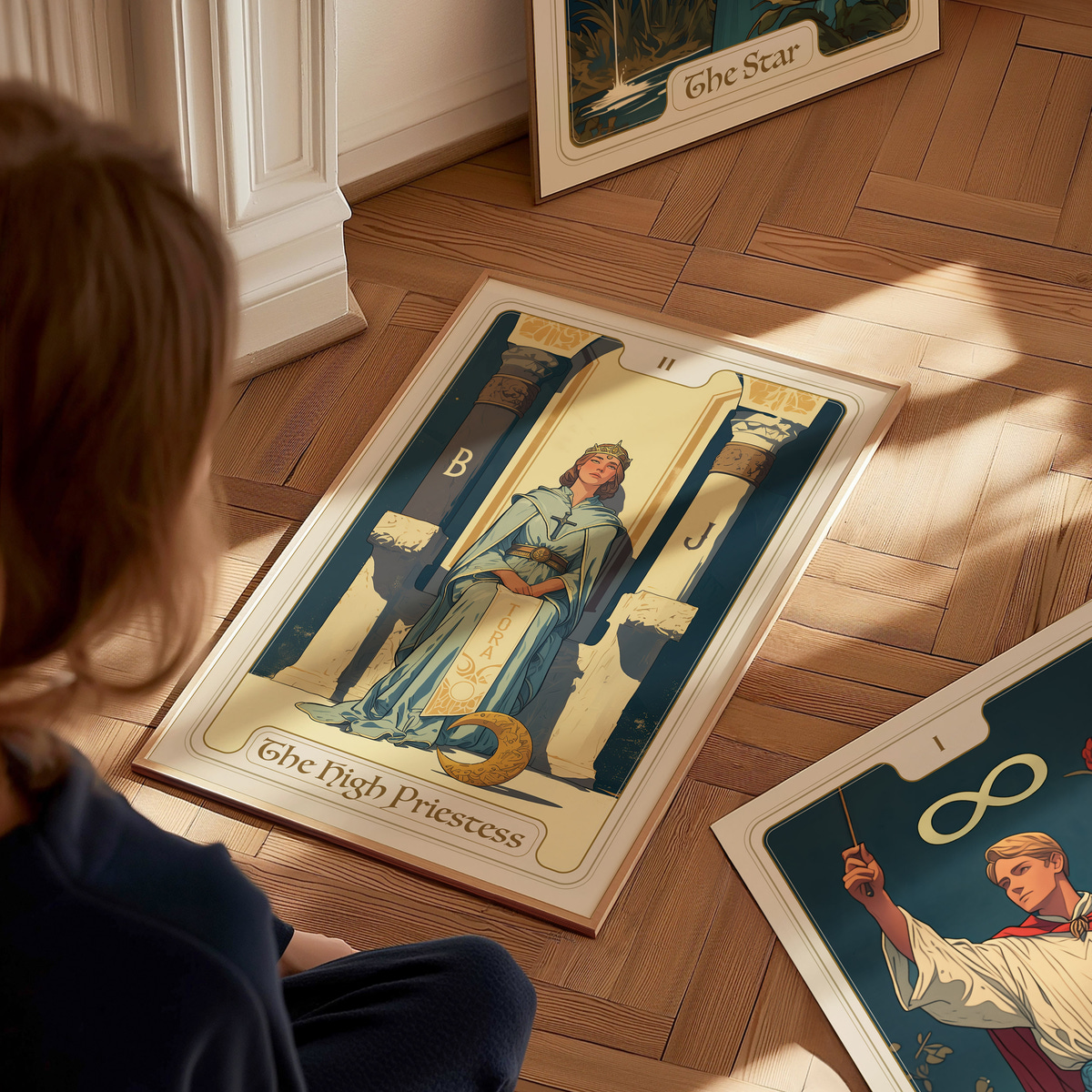 A child sits on a wooden floor, gazing at a tarot card titled The High Priestess. The card features a serene figure in a blue robe, flanked by two pillars, with symbols of wisdom and intuition surrounding her.