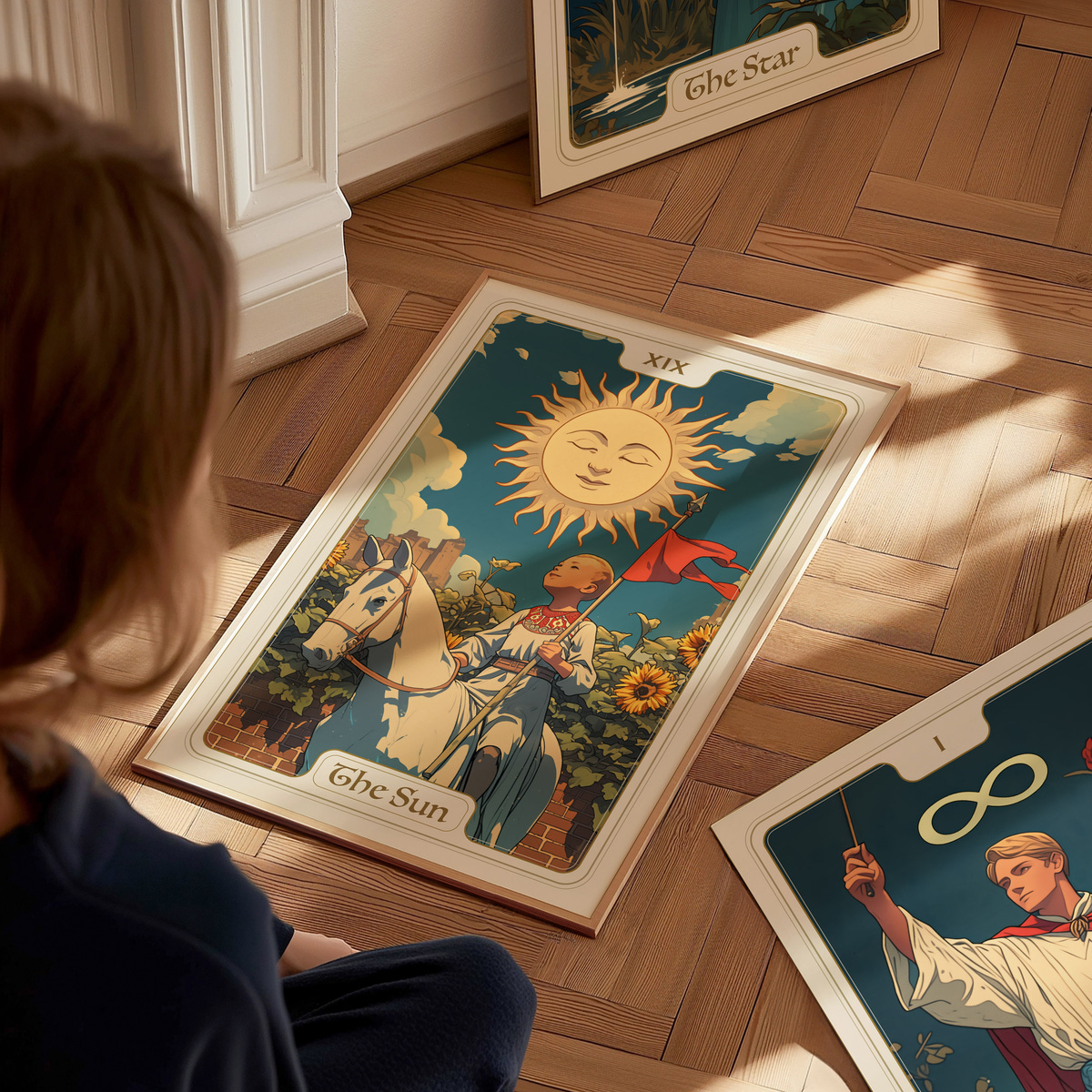 A child sits on a wooden floor, gazing at an illustrated tarot card titled The Sun. The card features a smiling sun, a figure on a horse, and vibrant sunflowers against a blue background, evoking a sense of joy and positivity.