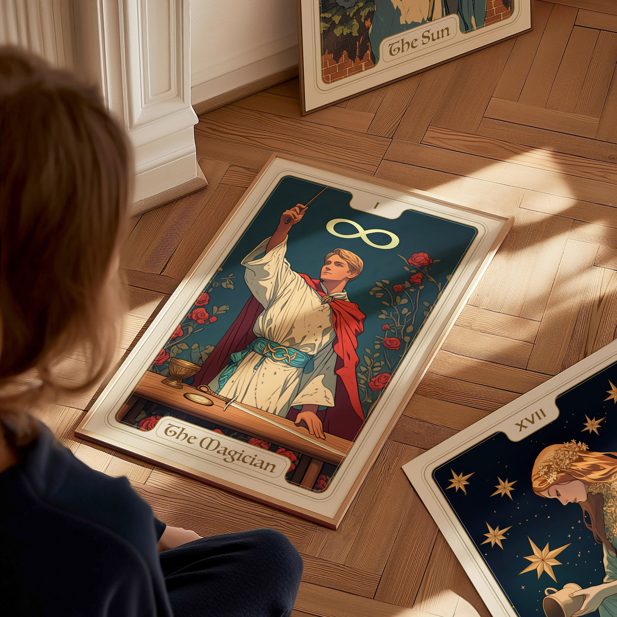 A child sits on a wooden floor, gazing at a large tarot card titled The Magician. The card features a figure in a white robe and red cape, holding a wand, surrounded by symbols of magic and nature.