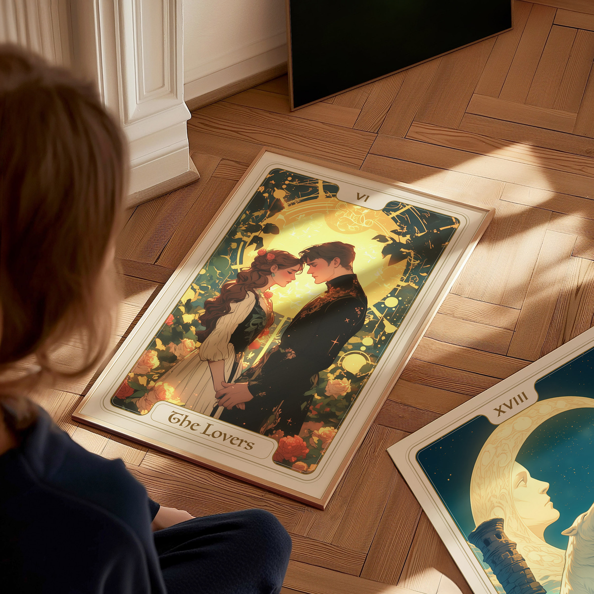 A child sits on a wooden floor, gazing at a beautifully illustrated tarot card titled The Lovers, featuring a romantic couple surrounded by flowers and a glowing backdrop.