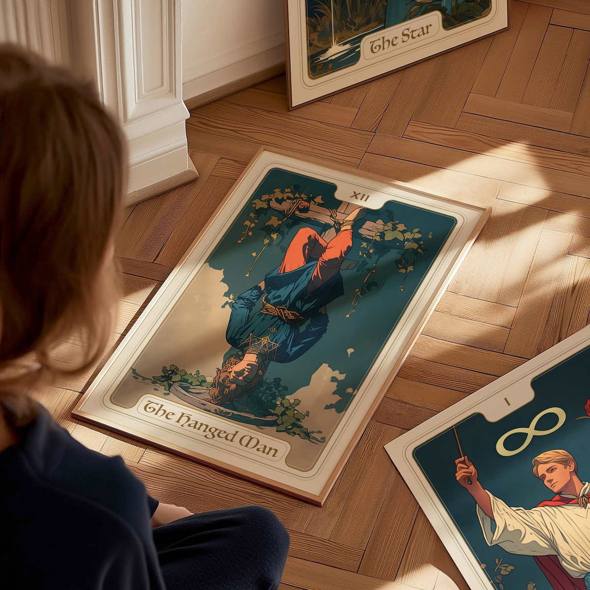 A child sits on a wooden floor, gazing at a large tarot card titled The Hanged Man, which depicts a figure suspended upside down amidst greenery. Other tarot cards are partially visible in the background, adding to the mystical atmosphere.