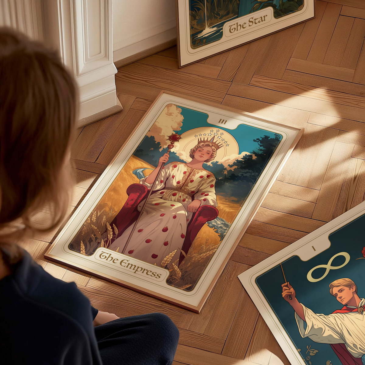 A person sits on a wooden floor, gazing at a large tarot card titled The Empress, which features a regal figure in a flowing gown adorned with red dots, seated on a throne in a serene landscape.