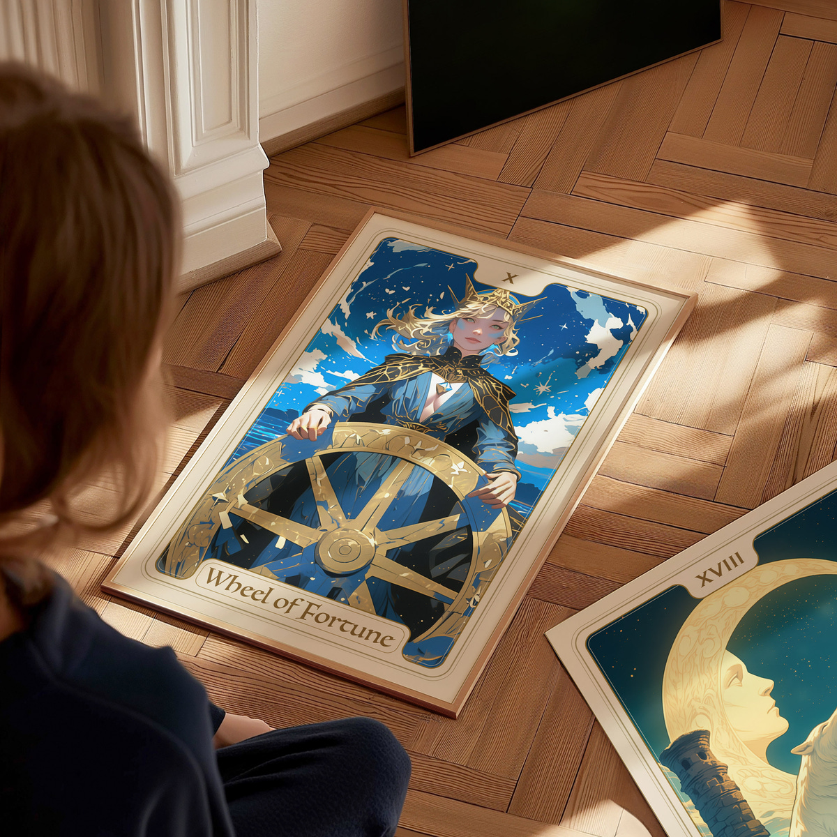 A child sits on a wooden floor, gazing at a colorful illustration of a figure steering a large wheel against a starry sky. The artwork features vibrant colors and intricate details, with the text Wheel of Fortune prominently displayed.