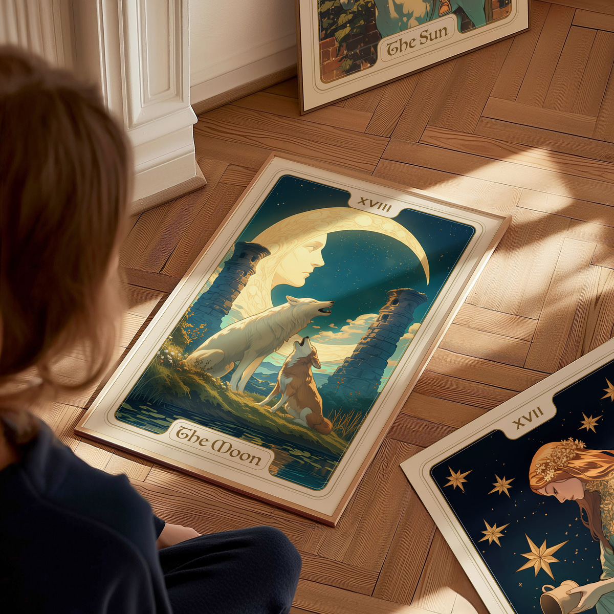 A child sits on a wooden floor, gazing at a beautifully illustrated tarot card titled The Moon. The card features a serene scene with a large crescent moon, a wolf, and a dog in front of ancient stone pillars, surrounded by a starry.