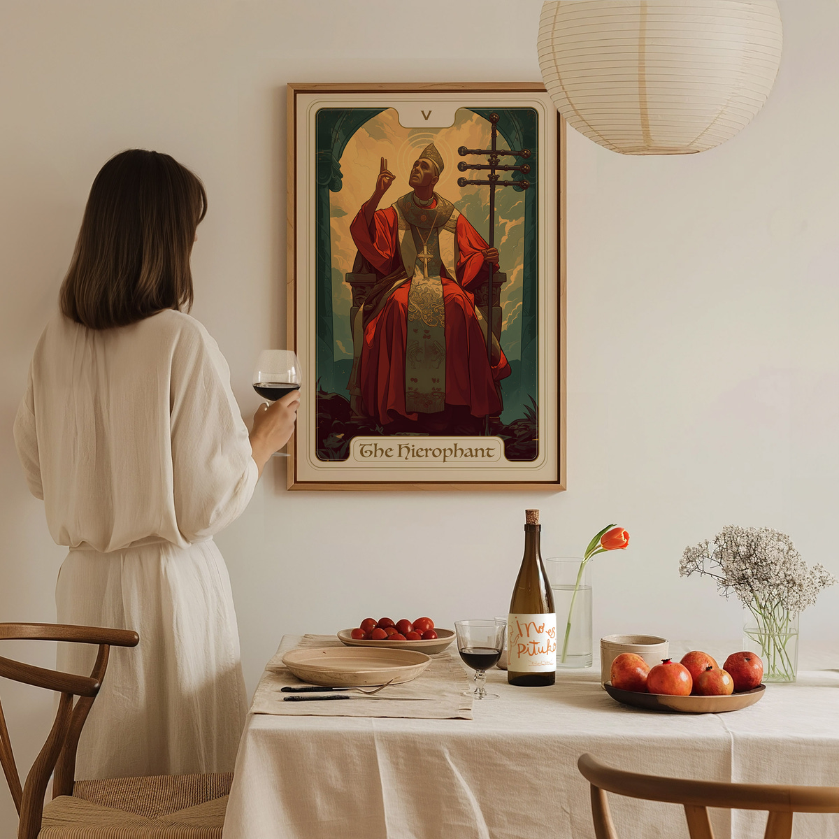 A woman in a white dress stands at a dining table, gazing at a framed art piece titled The Hierophant, which depicts a figure in a red robe seated on a throne.
