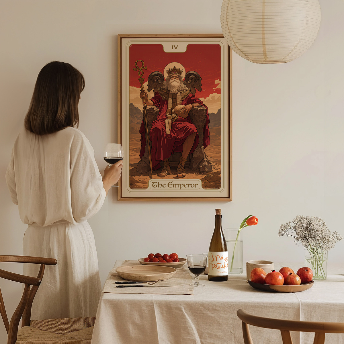 A woman in a cream-colored outfit stands with a glass of wine, gazing at a framed artwork titled The Emperor, which depicts a regal figure seated on a throne in a dramatic landscape.