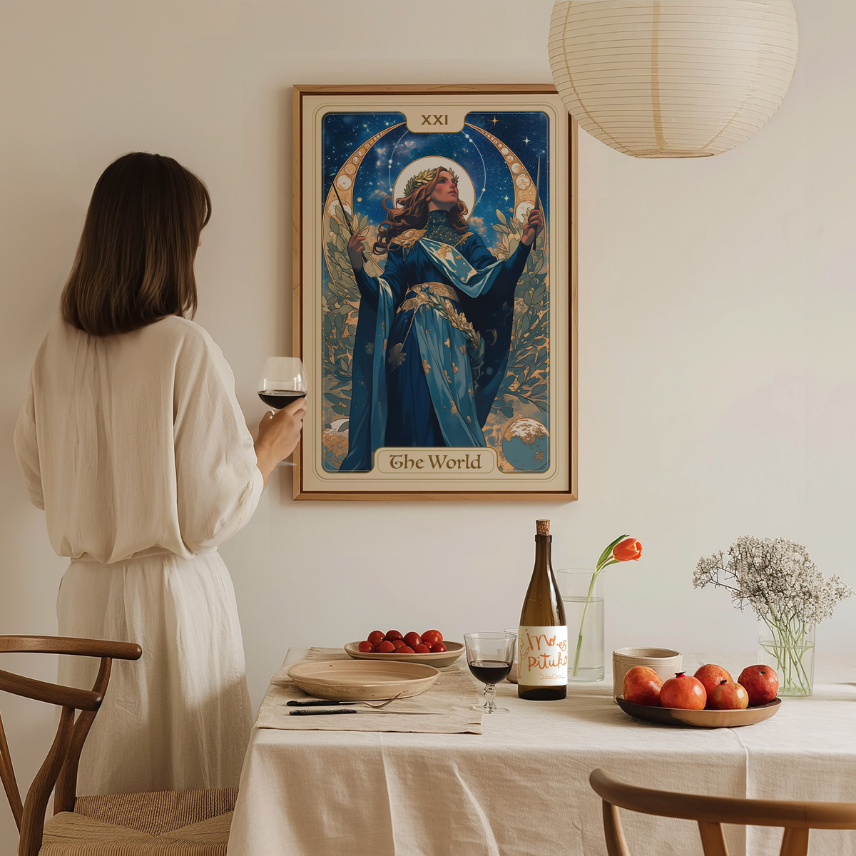 A woman in a white dress stands at a dining table, holding a glass of wine and gazing at a framed artwork titled The World, featuring a mystical figure surrounded by stars and foliage.