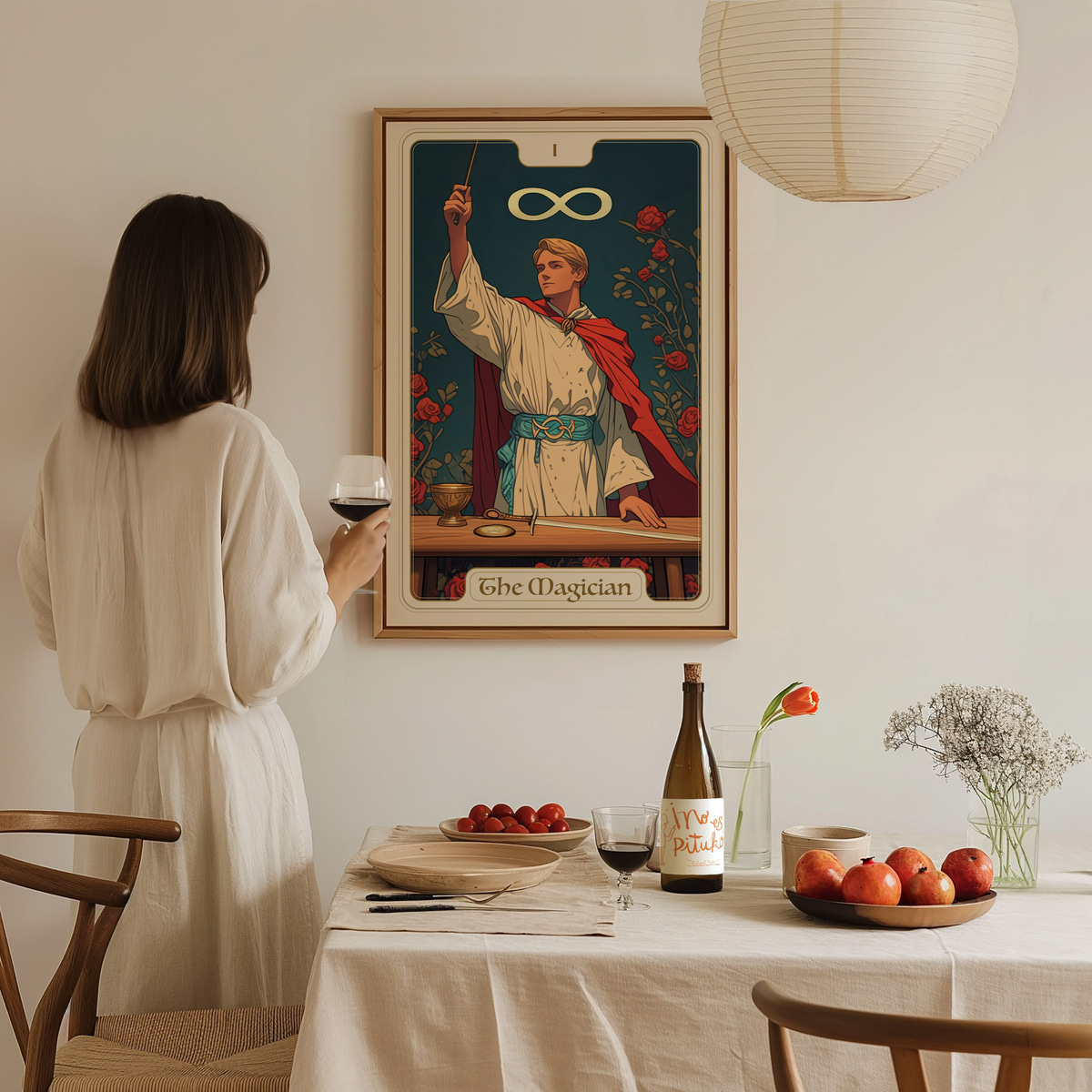 A woman in a white dress stands at a dining table, holding a glass of wine while gazing at a framed artwork titled The Magician on the wall. The room features a cozy atmosphere with a bottle of beer, fruits, and decorative elements.
