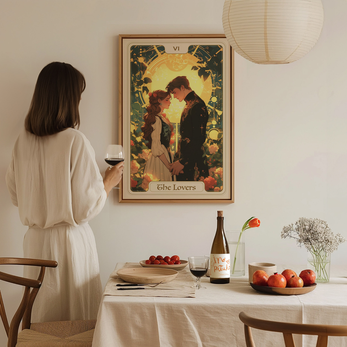 A woman in a white dress stands at a dining table, holding a glass of wine while gazing at a framed artwork titled The Lovers, featuring a romantic couple surrounded by greenery.