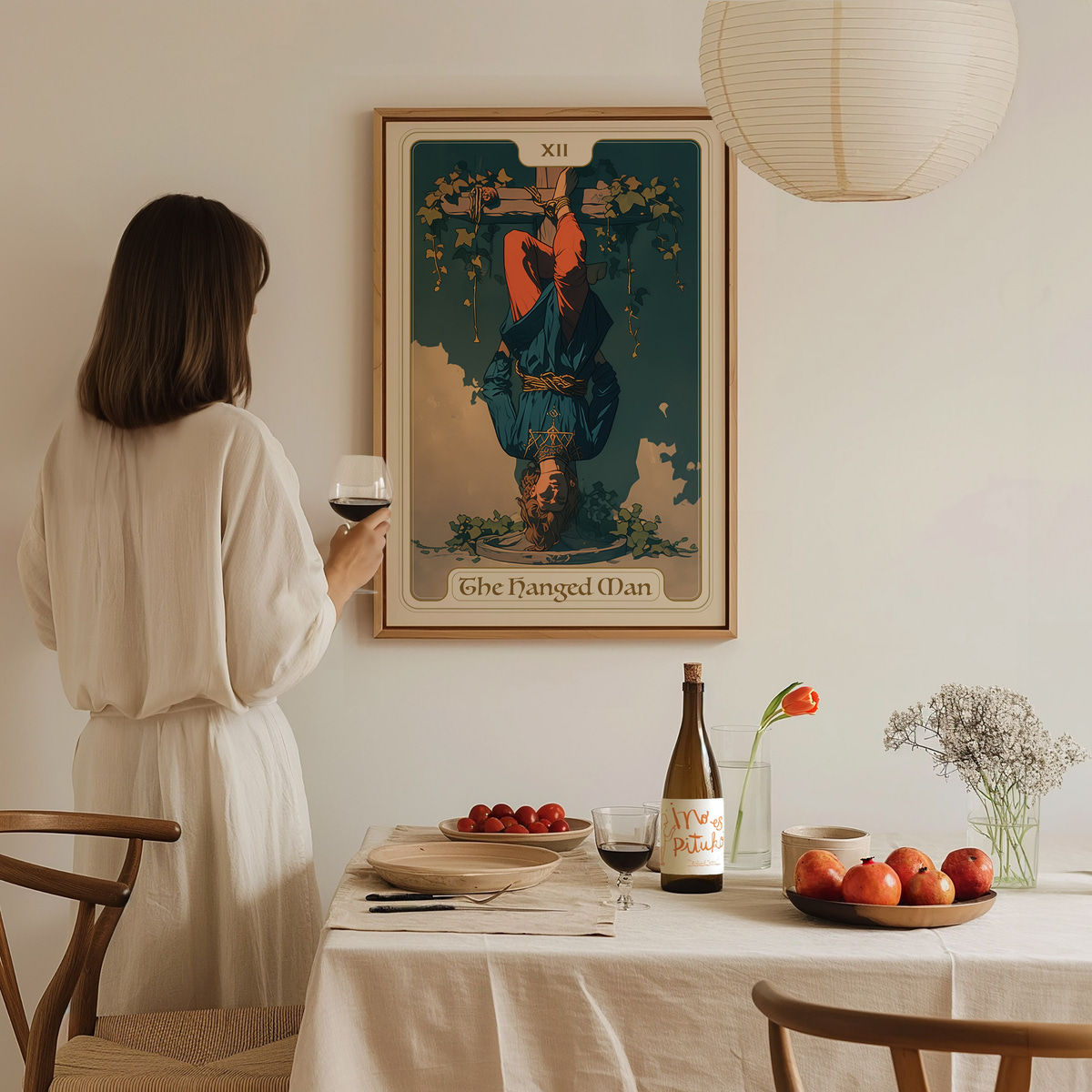 A woman in a light-colored dress stands at a dining table, holding a glass of wine, while gazing at a colorful framed poster titled The Hanged Man on the wall.